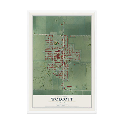 Map of Wolcott, Indiana, 12 x 18 inch print in a white wood frame