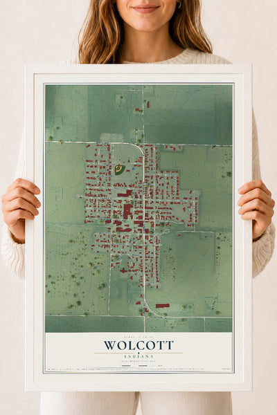 Map of Wolcott, Indiana, 18 x 24 inch print in a white wood frame