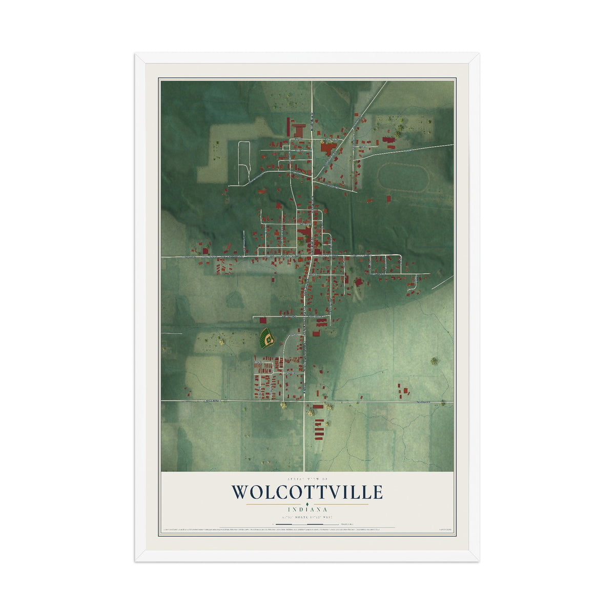 Map of Wolcottville, Indiana, 12 x 18 inch print in a white wood frame