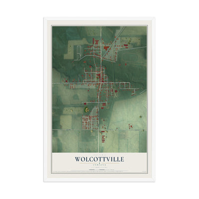 Map of Wolcottville, Indiana, 12 x 18 inch print in a white wood frame