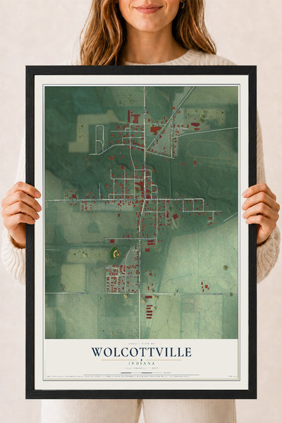 Map of Wolcottville, Indiana, 18 x 24 inch print in a black wood frame