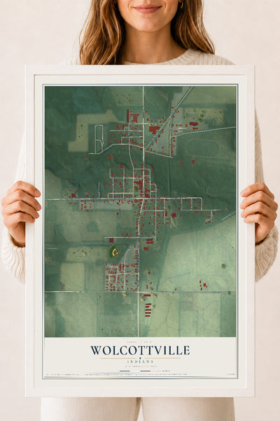 Map of Wolcottville, Indiana, 18 x 24 inch print in a white wood frame