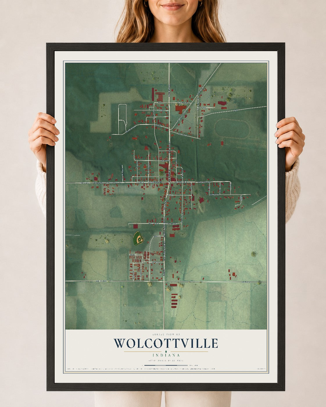 Map of Wolcottville, Indiana, 24 x 36 inch print in a black wood frame