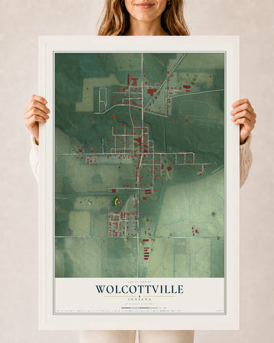 Map of Wolcottville, Indiana, 24 x 36 inch print in a white wood frame