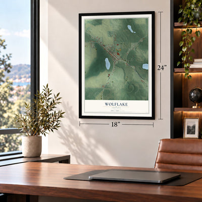 Wolflake, Indiana map, 18 x 24 inch print in a black frame in a home office