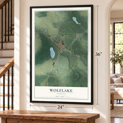 Wolflake, Indiana map, 24 x 36 inch print in a black frame by a staircase
