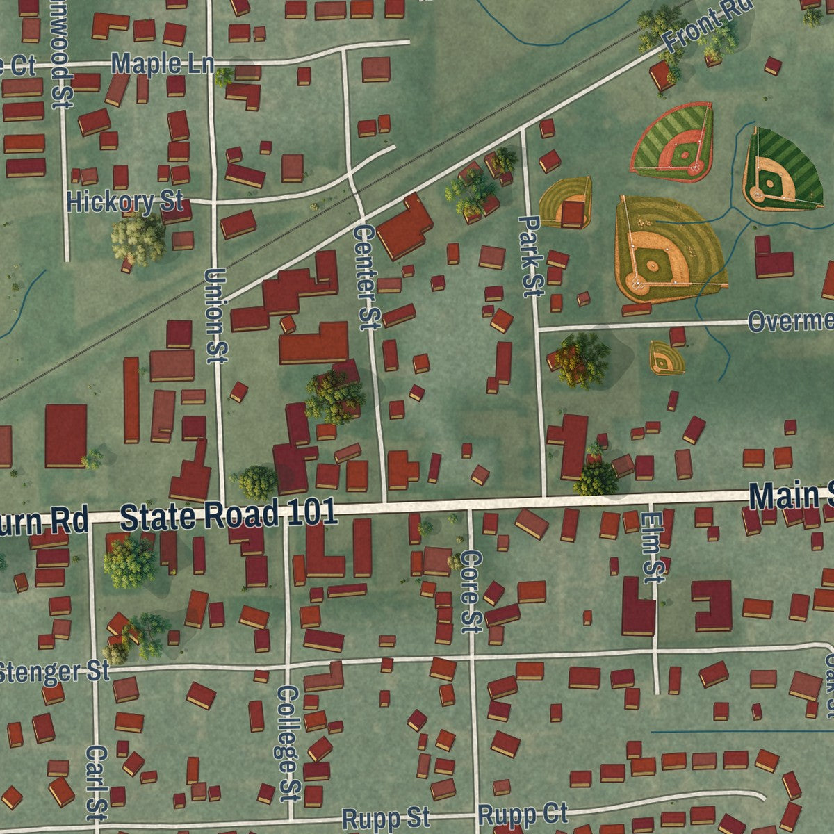 Close-up of the map of Woodburn, Indiana print showing street and building detail