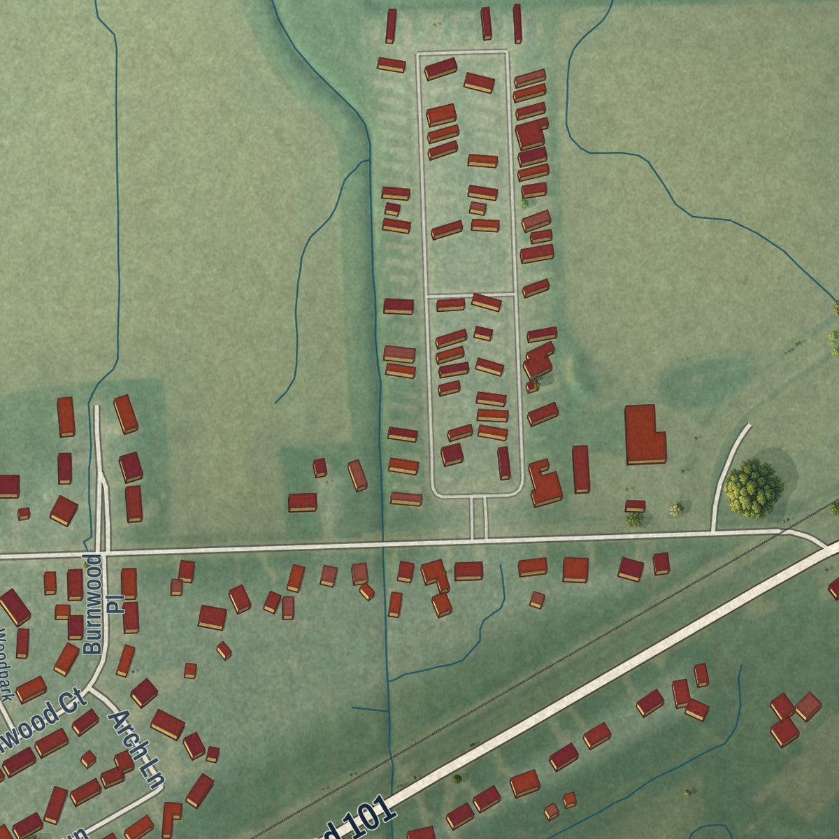 Second close-up of the map of Woodburn, Indiana print showing more streets and buildings