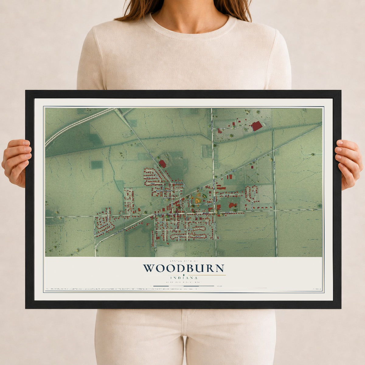 Map of Woodburn, Indiana, 12 x 18 inch print in a black wood frame