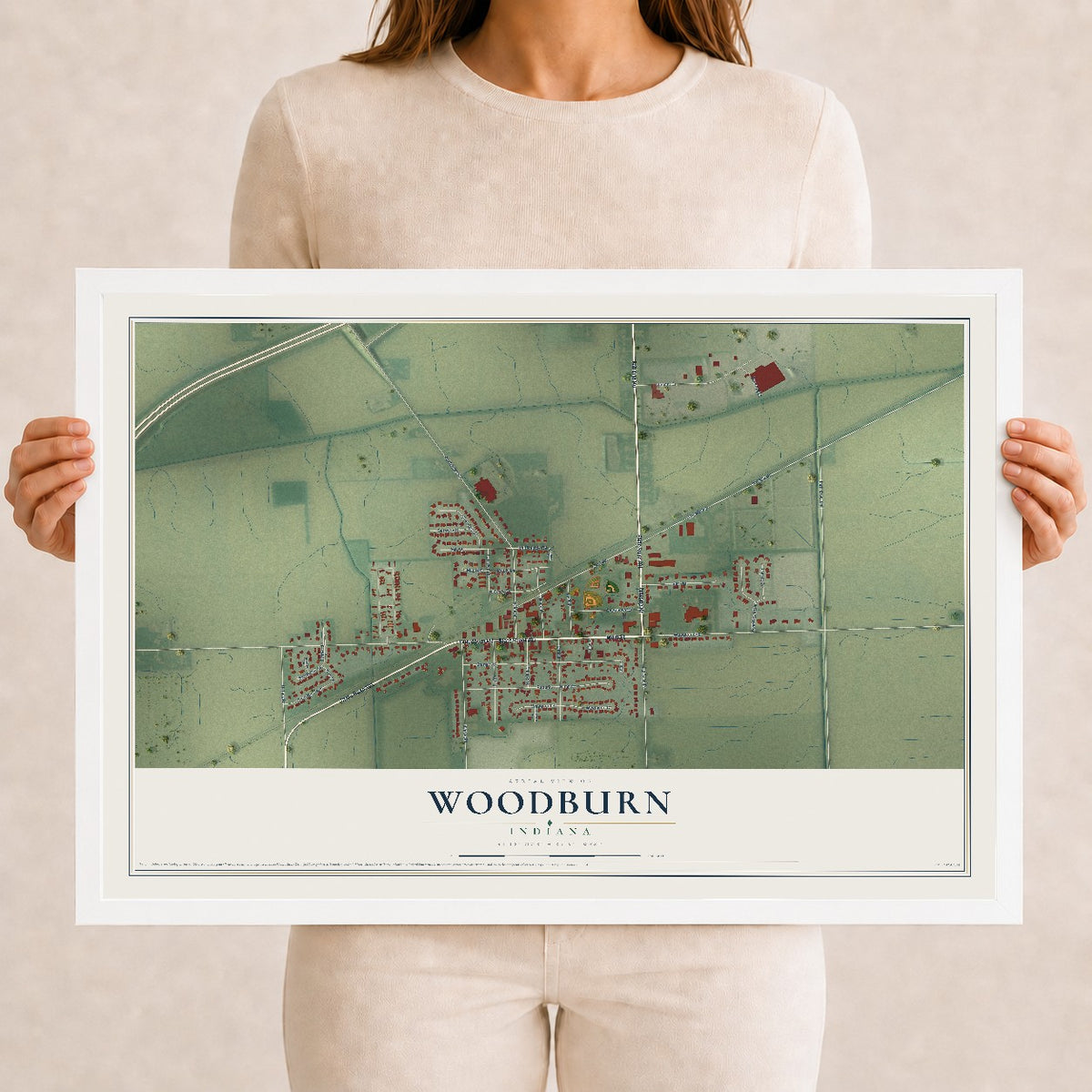 Map of Woodburn, Indiana, 12 x 18 inch print in a white wood frame