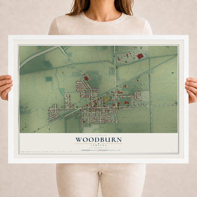 Map of Woodburn, Indiana, 18 x 24 inch print in a white wood frame