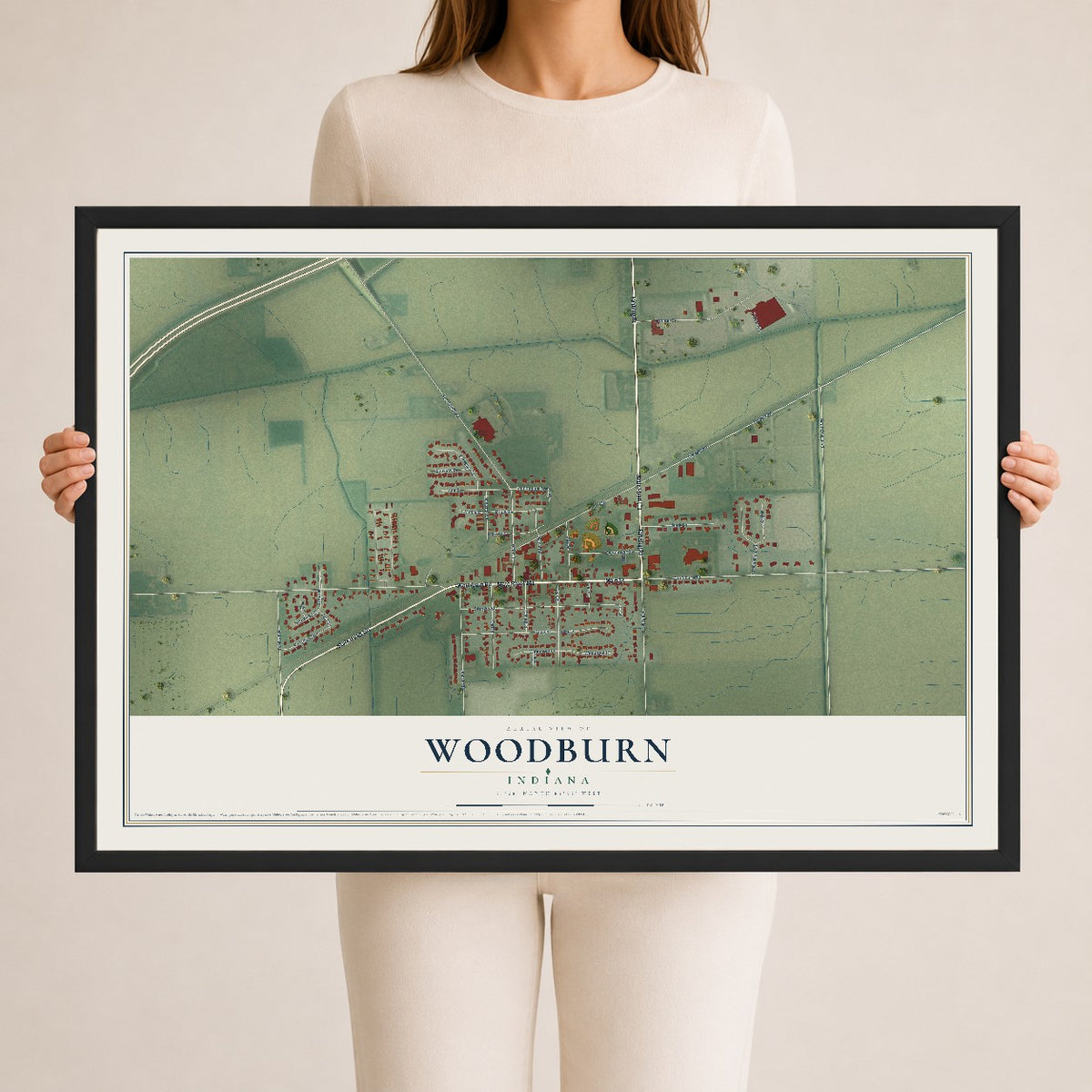 Map of Woodburn, Indiana, 24 x 36 inch print in a black wood frame