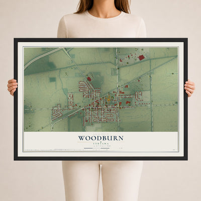 Map of Woodburn, Indiana, 24 x 36 inch print in a black wood frame