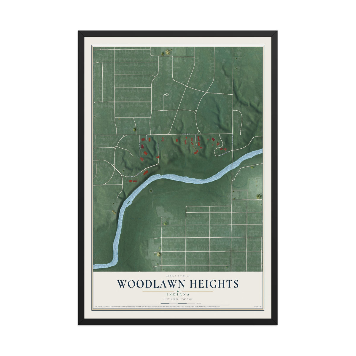 Map of Woodlawn Heights, Indiana, 12 x 18 inch print in a black wood frame