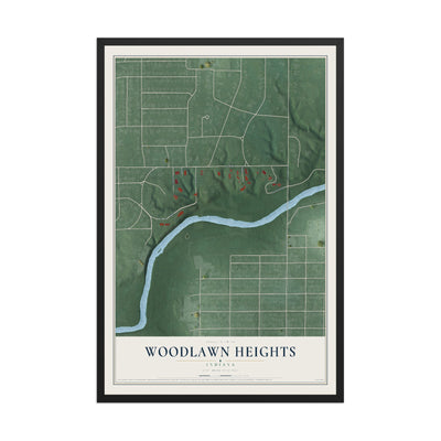 Map of Woodlawn Heights, Indiana, 12 x 18 inch print in a black wood frame