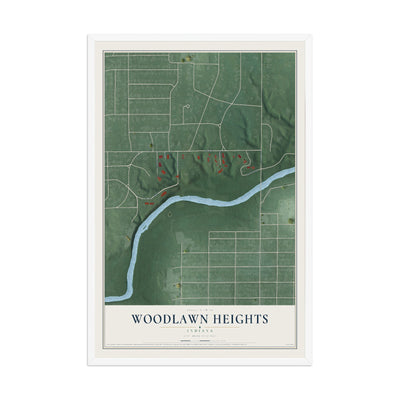 Map of Woodlawn Heights, Indiana, 12 x 18 inch print in a white wood frame
