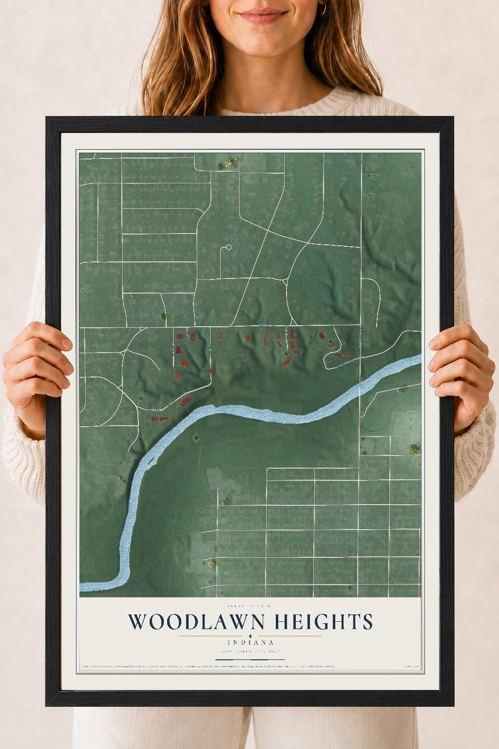 Map of Woodlawn Heights, Indiana, 18 x 24 inch print in a black wood frame