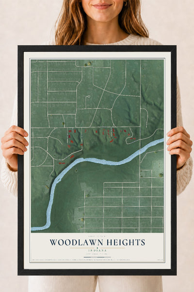 Map of Woodlawn Heights, Indiana, 18 x 24 inch print in a black wood frame