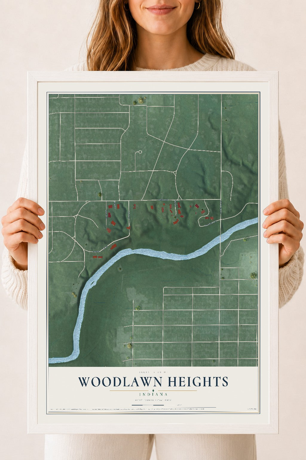 Map of Woodlawn Heights, Indiana, 18 x 24 inch print in a white wood frame