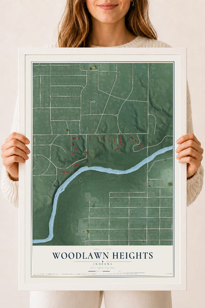 Map of Woodlawn Heights, Indiana, 18 x 24 inch print in a white wood frame