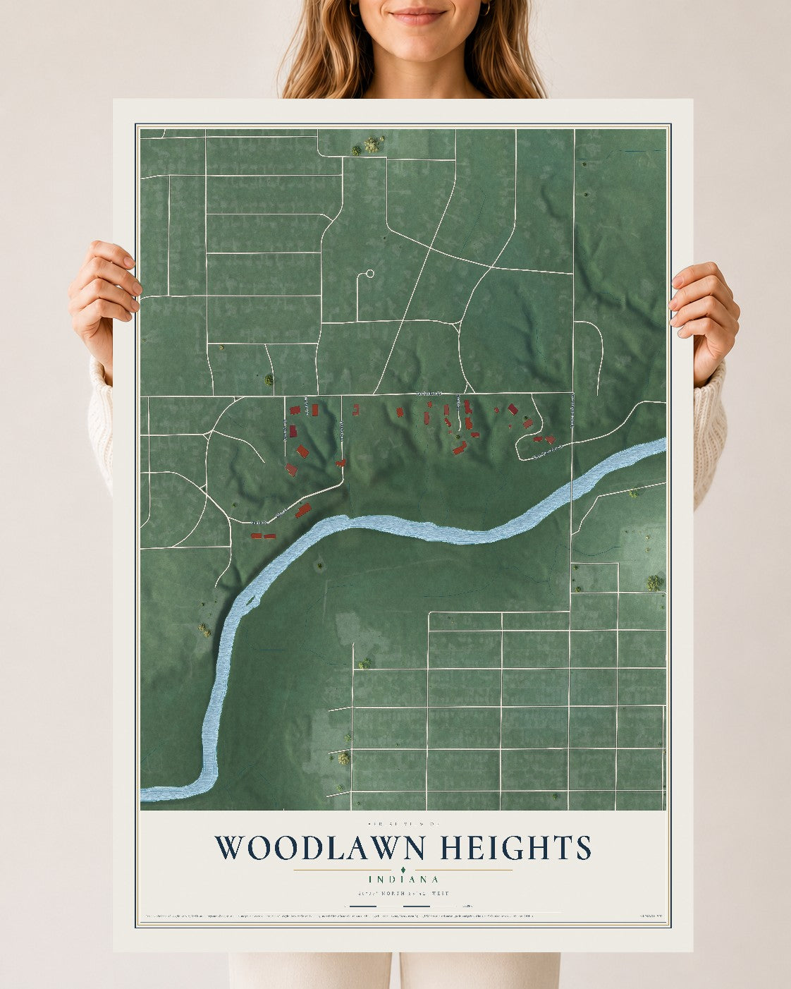 Map of Woodlawn Heights, Indiana, 24 x 36 inch unframed archival matte print