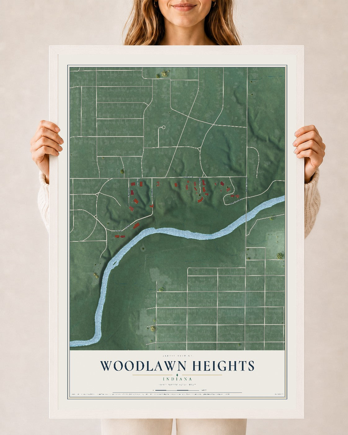 Map of Woodlawn Heights, Indiana, 24 x 36 inch print in a white wood frame