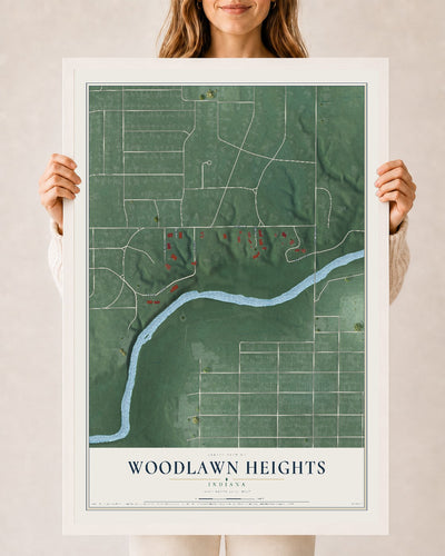 Map of Woodlawn Heights, Indiana, 24 x 36 inch print in a white wood frame