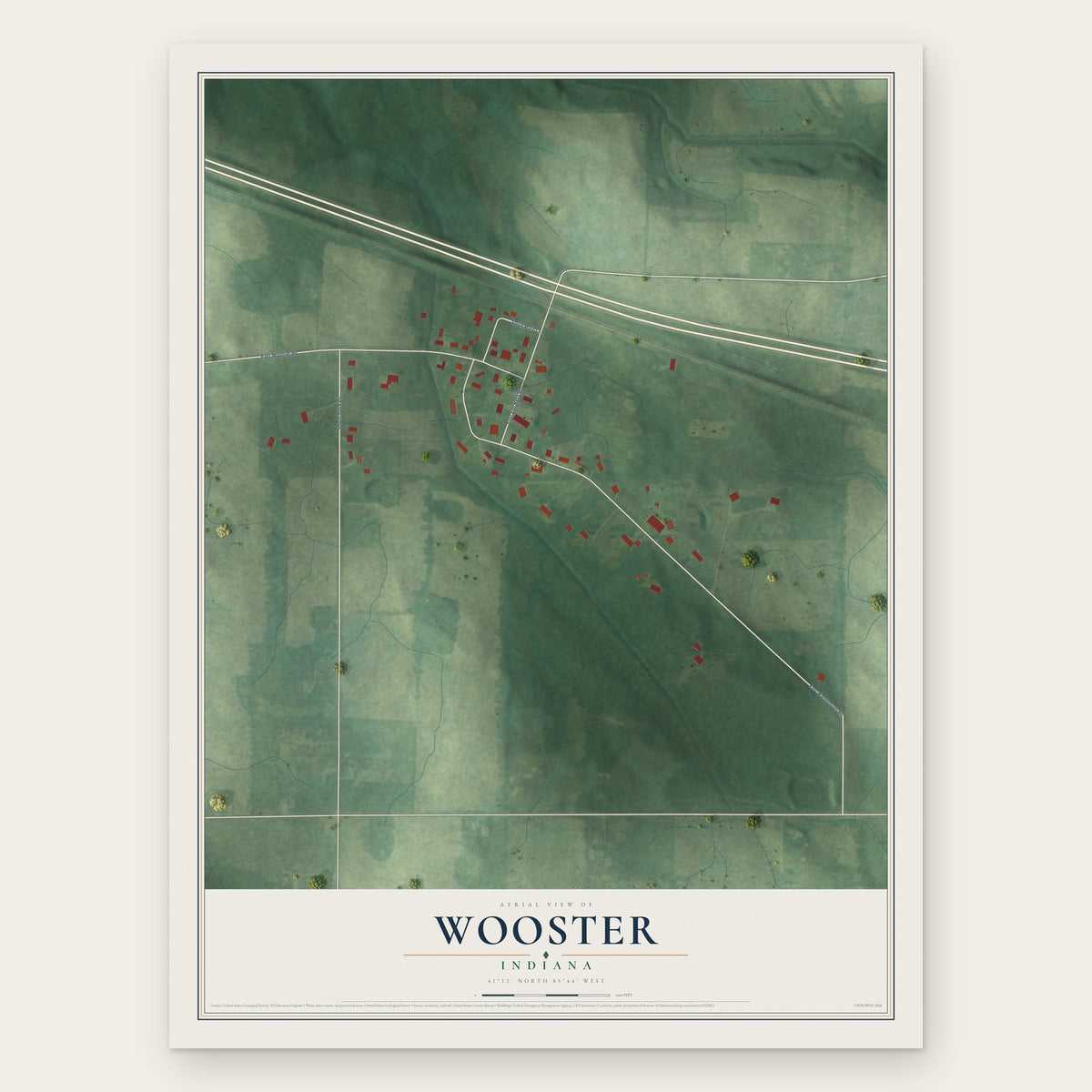 Wooster, Indiana map print, the full design