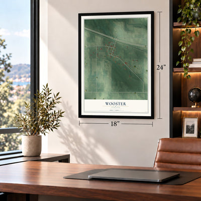 Wooster, Indiana map, 18 x 24 inch print in a black frame in a home office