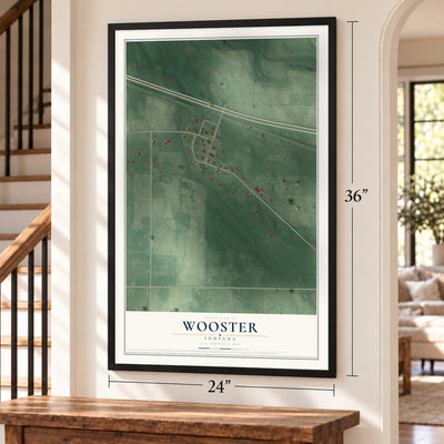 Wooster, Indiana map, 24 x 36 inch print in a black frame by a staircase