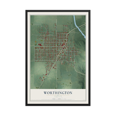 Map of Worthington, Indiana, 12 x 18 inch print in a black wood frame
