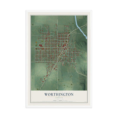 Map of Worthington, Indiana, 12 x 18 inch print in a white wood frame