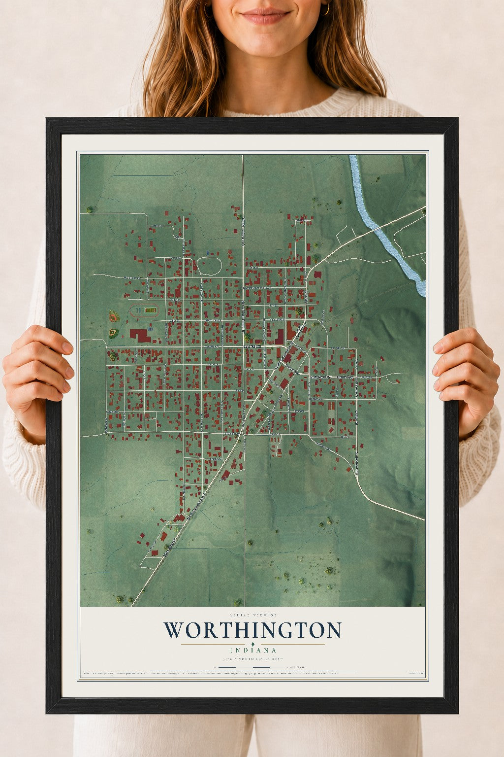 Map of Worthington, Indiana, 18 x 24 inch print in a black wood frame