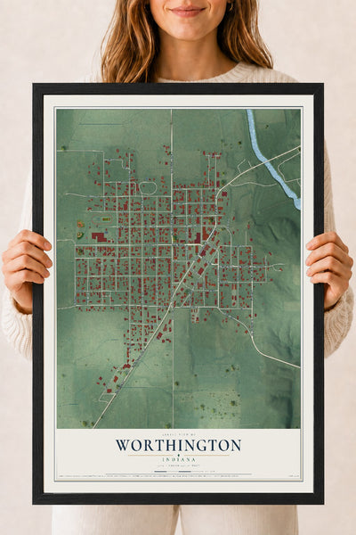 Map of Worthington, Indiana, 18 x 24 inch print in a black wood frame