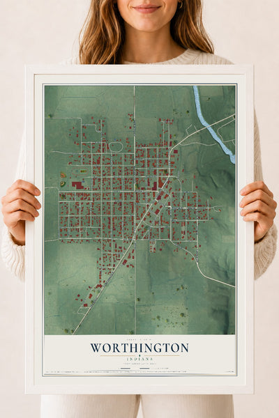 Map of Worthington, Indiana, 18 x 24 inch print in a white wood frame