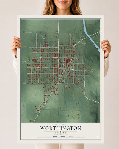 Map of Worthington, Indiana, 24 x 36 inch unframed archival matte print