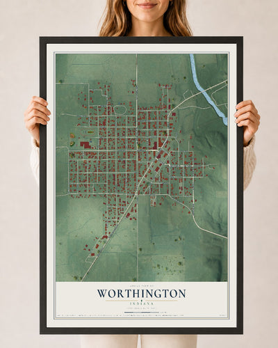 Map of Worthington, Indiana, 24 x 36 inch print in a black wood frame