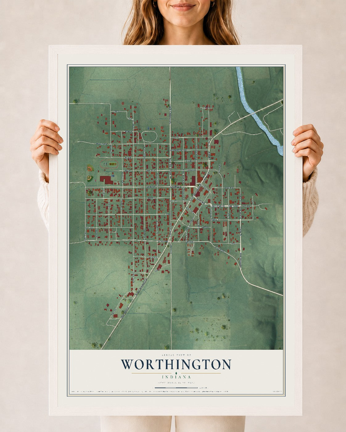 Map of Worthington, Indiana, 24 x 36 inch print in a white wood frame