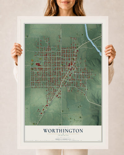 Map of Worthington, Indiana, 24 x 36 inch print in a white wood frame