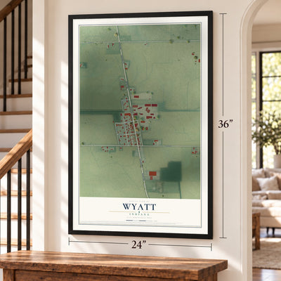 Wyatt, Indiana map, 24 x 36 inch print in a black frame by a staircase