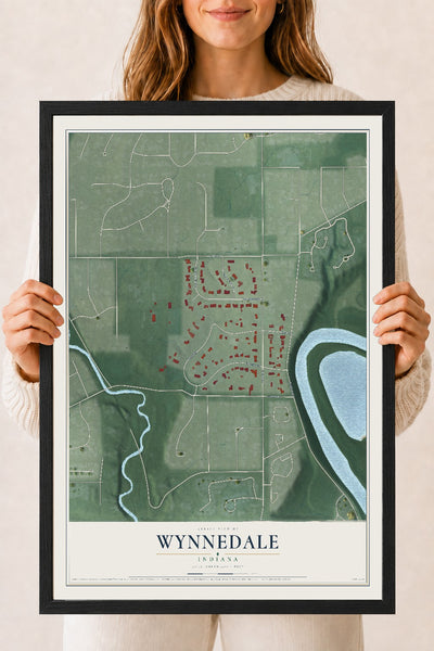 Map of Wynnedale, Indiana, 18 x 24 inch print in a black wood frame
