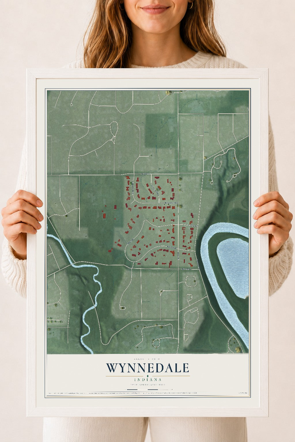 Map of Wynnedale, Indiana, 18 x 24 inch print in a white wood frame