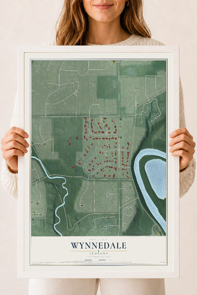 Map of Wynnedale, Indiana, 18 x 24 inch print in a white wood frame