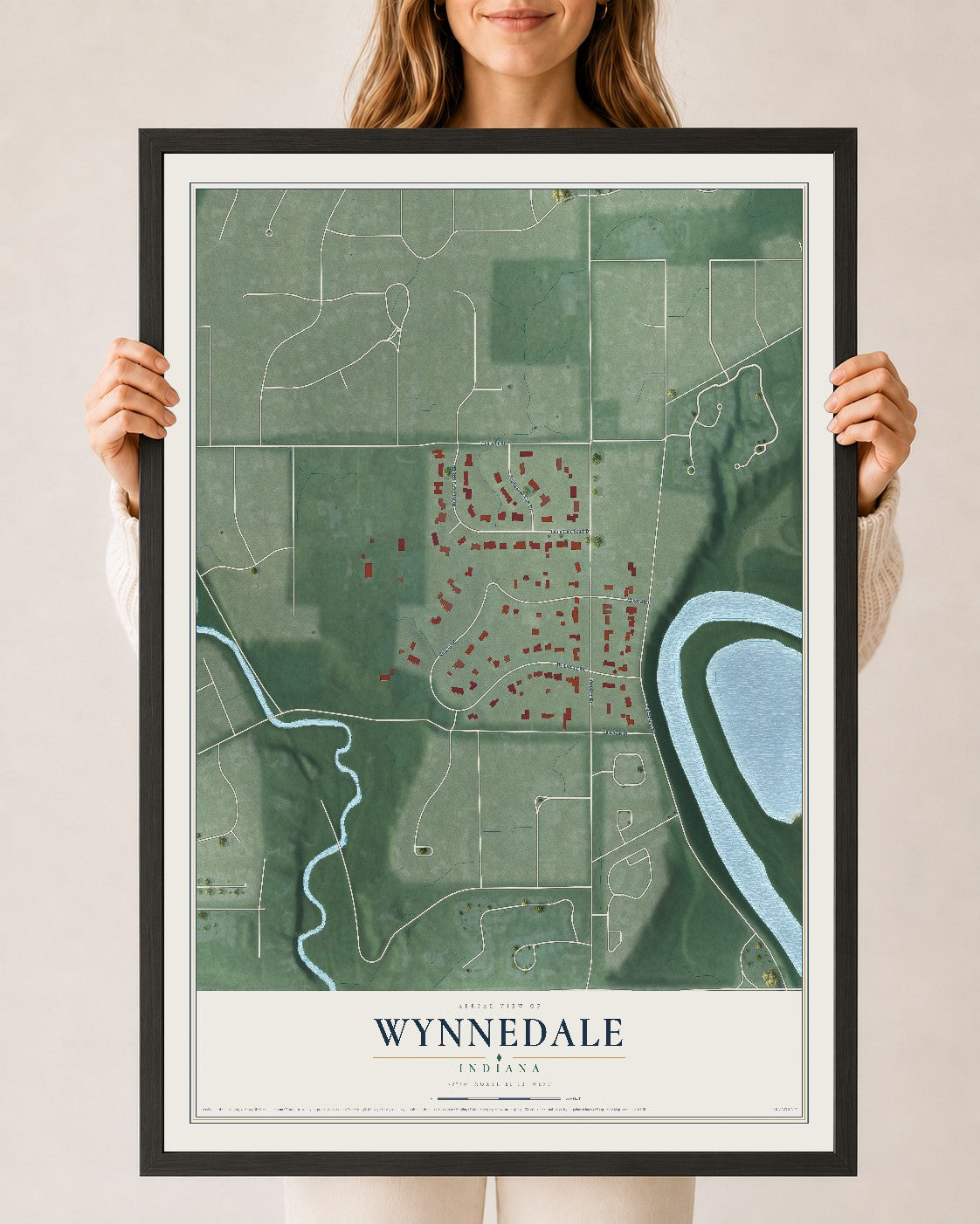 Map of Wynnedale, Indiana, 24 x 36 inch print in a black wood frame