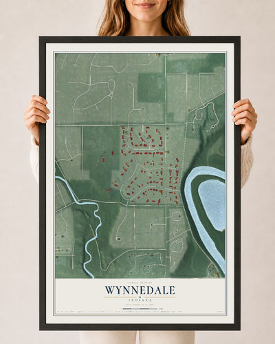 Map of Wynnedale, Indiana, 24 x 36 inch print in a black wood frame