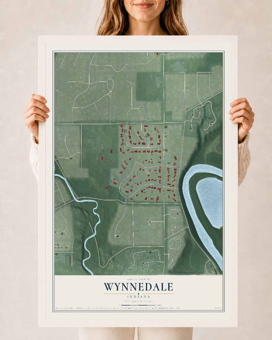 Map of Wynnedale, Indiana, 24 x 36 inch print in a white wood frame