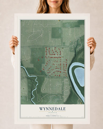 Map of Wynnedale, Indiana, 24 x 36 inch print in a white wood frame