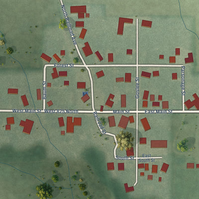 Close-up of the map of Yeoman, Indiana print showing street and building detail
