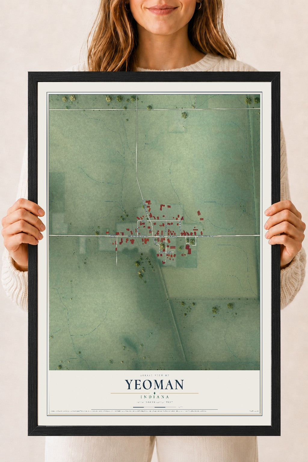 Map of Yeoman, Indiana, 18 x 24 inch print in a black wood frame