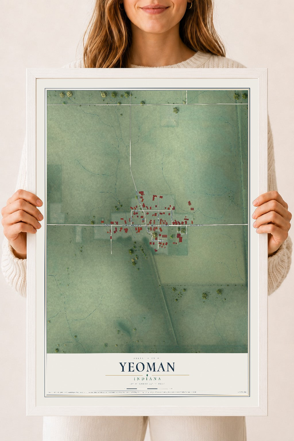 Map of Yeoman, Indiana, 18 x 24 inch print in a white wood frame